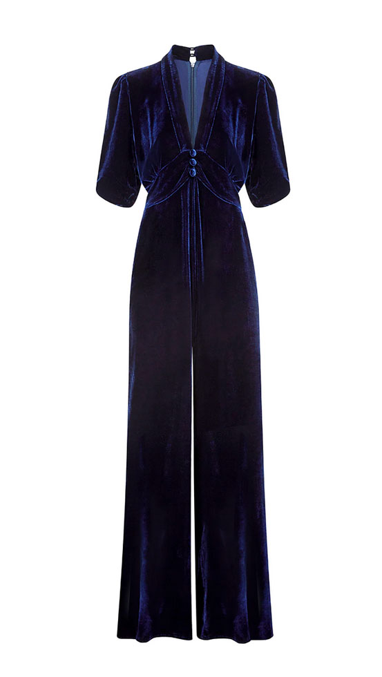 Glamorous, elegant midnight silk velvet Sable jumpsuit from the Nancy ...