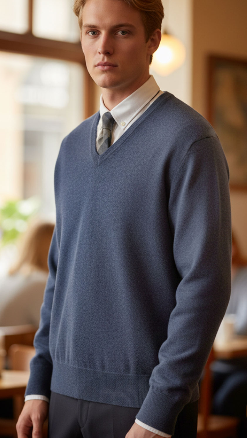 Pure cashmere v neck jumper for men in periwinkle blue at CountryClubuk best price