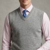 Lona Scott grey cashmere V-neck slipover, modelled over shirt and tie at CountryClubuk
