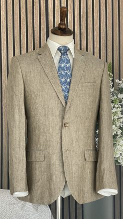 Stylish linen summer jacket: debonair answer to being elegant and cool at home and abroad: fawn herringbone, beautifully tailored in classic English style by Gurteen 1794