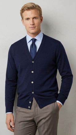 Massoti navy classic V-neck cardigan in extrafine Australian Merino wool, modelled