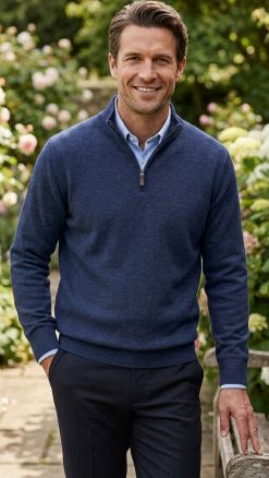 Massoti Italian lambswool half-zip sweater in navy blue, worn with a light blue shirt – versatile smart-casual Italian knitwear