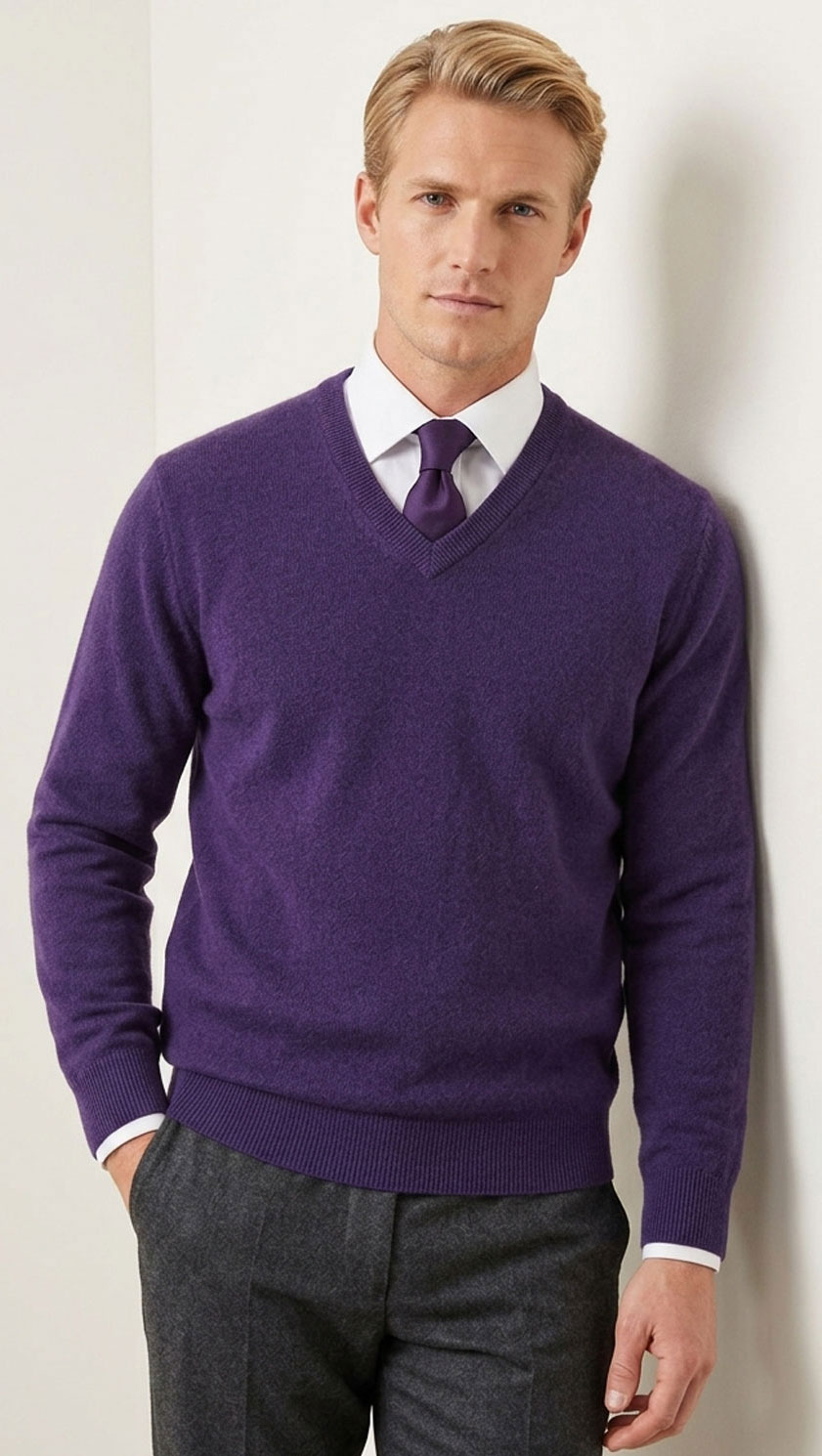 Model wearing the Massoti extra-fine Italian lambswool V-neck sweater in rich navy blue, layered over a white shirt and silk tie — elegant Italian knitwear for the modern gentleman.