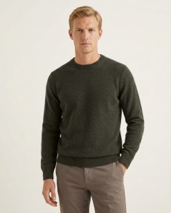 Man wearing Massoti Italian extrafine lambswool crew neck jumper in forest green, studio portrait – premium Italian knitwear for gentlemen