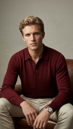 Massoti three-button polo in French claret extrafine Australian Merino wool