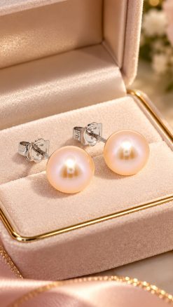 Pair of lustrous rose-pink freshwater cultured pearl stud earrings with 14ct gold fittings, displayed in a jewellery box.
