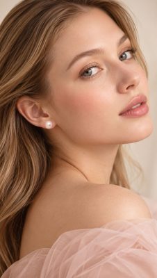 Model wearing naturally rose-pink freshwater pearl stud earrings set in 14ct yellow gold.
