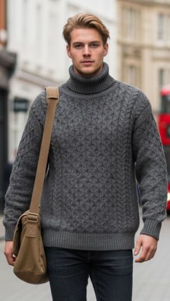 Men’s charcoal Aran roll neck jumper in merino wool with cable knit patterns at CountryClubuk
