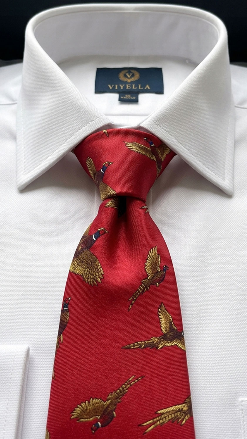 Red silk tie sporting flying pheasants at CountryClubuk Members' exclusive price.