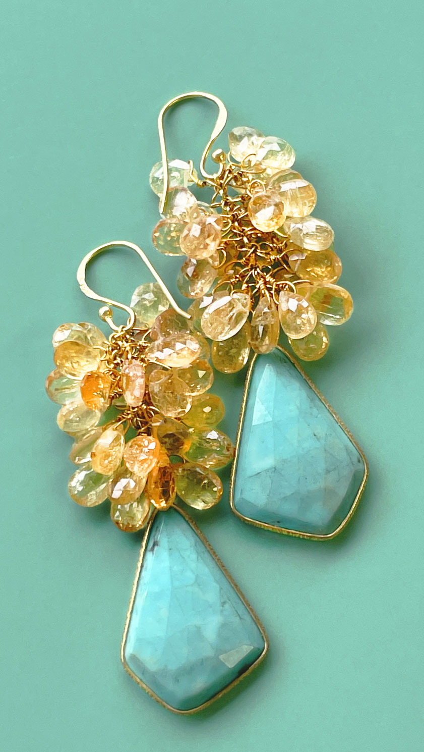 Dreamy Blue Hawaii earrings in natural Imperial topaz, Arizona turquoise and yellow gold vermeil: natural, passionately creative, totally in vogue and innately precious