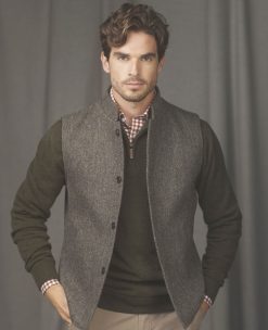 Magee 1866: smart pure wool herringbone green-grey tweed Cavan gilet by master tailors Magee of Donegal: contemporary style, rooted in heritage and quality tailoring: all sizes