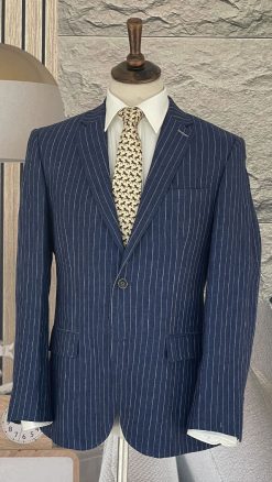 Linen navy and white chalk stripe jacket for smart yet relaxed summer style in town and country: 100% linen, beautifully tailored by Gurteen 1784: last few sizes at amazing Club price!