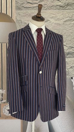 Gurteen: well-cut Navy with Claret and White Stripe Boating Jacket, beautifully tailored in a smooth linen and cotton blend for superb summer luxury and style: perfect for Henley Royal Regatta, the Boat Race and more!