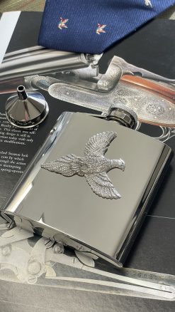From Bisley, a smart Flying Pheasant hip flask in gleaming polished stainless steel with pewter pheasant: boxed set for presentation