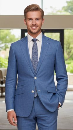 Man wearing complete Gurteen Naples Jacket 61001-137 linen suit in Blue Melange