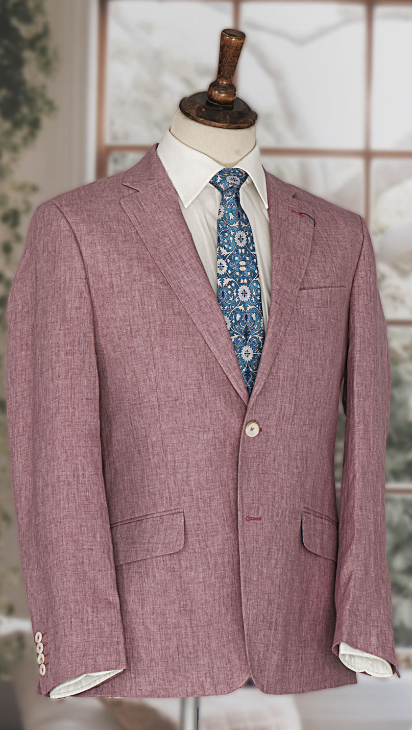 Gurteen Naples Jacket 61001-161 lilac linen blazer on mannequin with white shirt and William Morris tie
