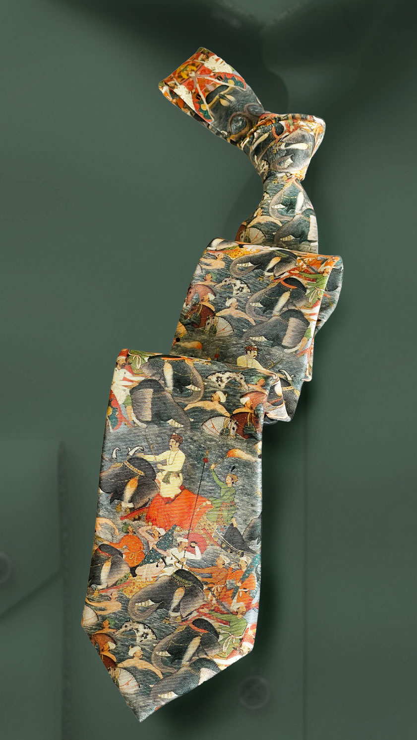 Mughal Emperor crossing the River Ganges with Elephants: a handsome pure silk tie based on the celebrated 16th century 'Akbarnama' by court historian Abu'l Fazl: a unique design creating a stunning pure silk handmade tie by Fox & Chave