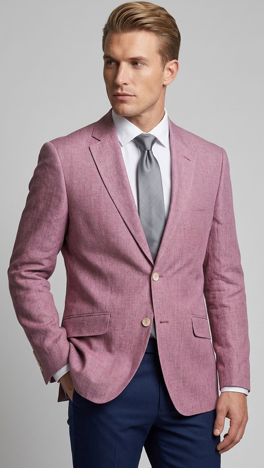 Man wearing Gurteen Naples Jacket 61001-161 soft lilac melange linen blazer with white shirt and grey tie