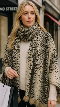 Leopard cashmere stole with fur trim – timeless luxury accessory at CountryClubuk best price