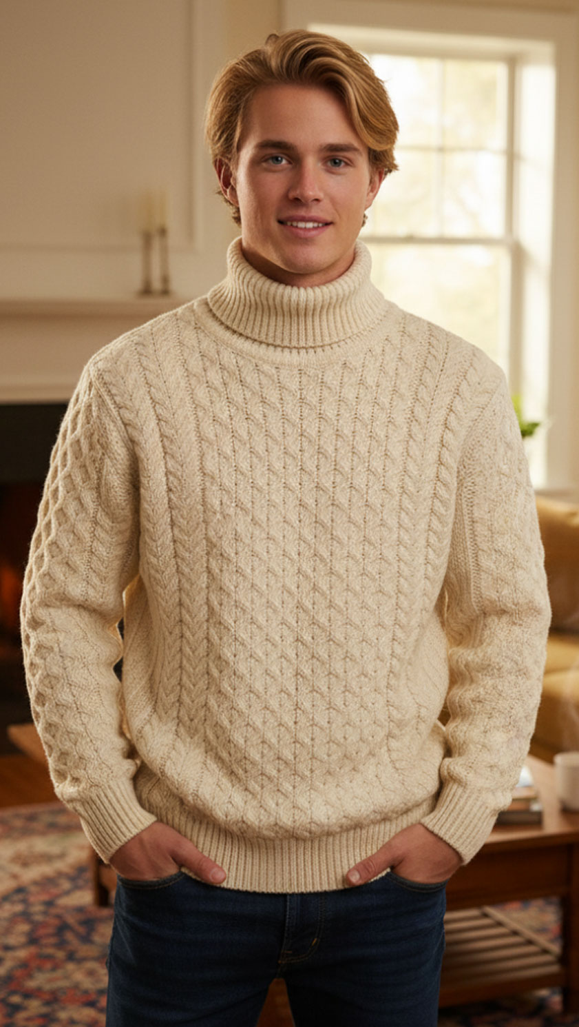Aran knit men's roll neck jumper in Merino wool by West End Knitwearbest price at CountryClubuk