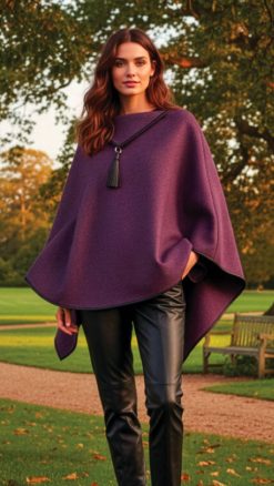 Really Wild Cotswold cape, woven in Britain from 100% wool tweed: in soft heather-purple with leather tassel detailings: sold out