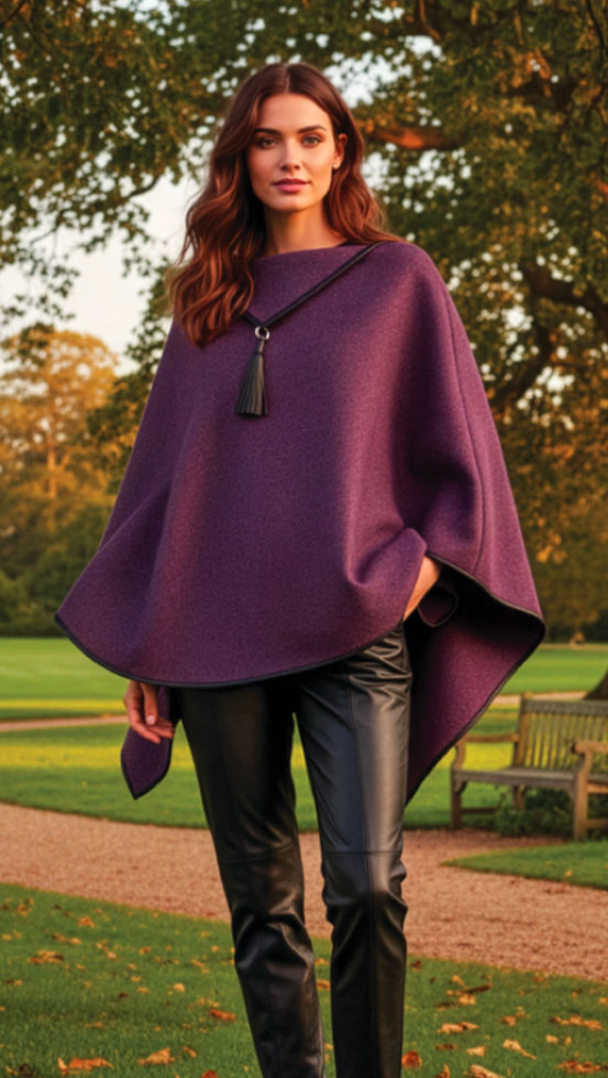 Really Wild Cotswold cape, woven in Britain from 100% wool tweed: in soft heather-purple with leather tassel detailings: sold out