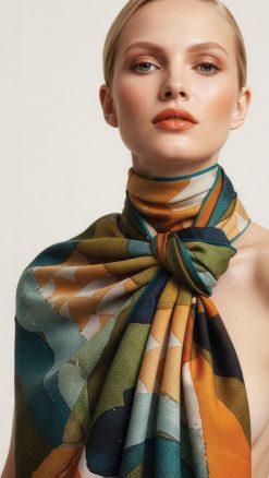 Paul Klee inspired Coral Composition double-sided silk stole by Fox & Chave, with abstract geometry in coral, green and gold tones