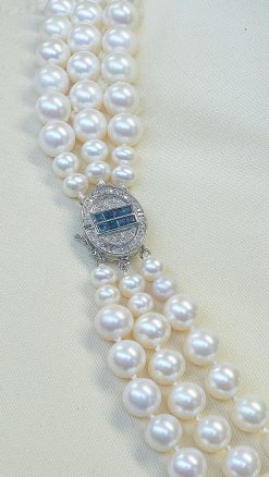 Elysian Sapphire Cascade Necklace—Three-Strand Natural Pearl Necklace with Sapphire & Diamond Clasp from the South Seas, Newly Arrived in the Odyssey Collection: one only, bought by a Member - Image 3