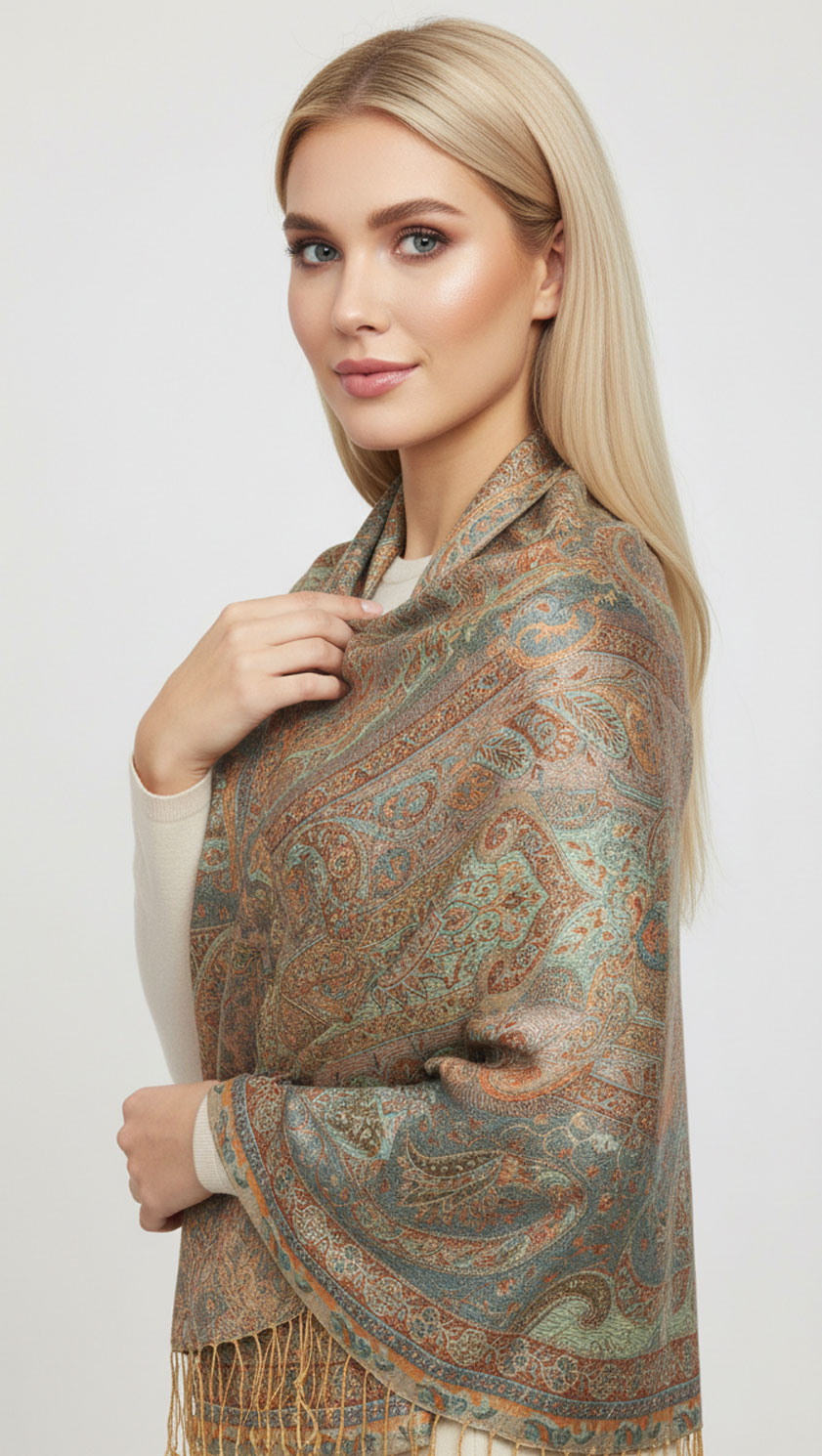 Handwoven Golden Hour paisley silk wool stole draped on model in soft golden light