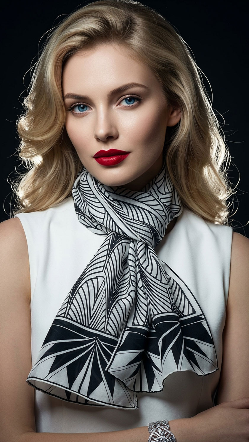 Fox & Chave Deco New York crêpe de chine silk scarf modeled on a woman, featuring bold black geometric scalloped fans and fronds on white background