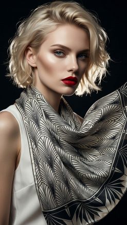 Alternative view of The Fox & Chave Deco New York Crêpe de Chine Silk Scarf: Iconic Black and White Art Deco Geometric Pattern Inspired by 1920s New York Chrysler Building Architecture: exclusive luxury accessory