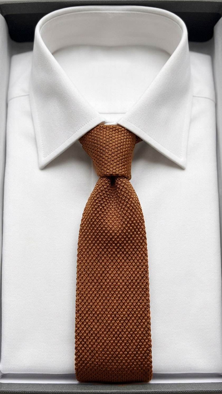 Burnt orange silk knitted tie knotted on white dress shirt collar