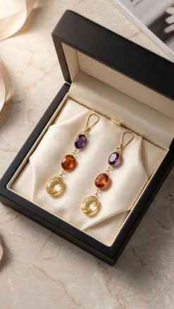 yellow gold amethyst garnet citrine triple drop earrings presented in a luxury black jewellery box, showcasing the full pair and gemstone details
