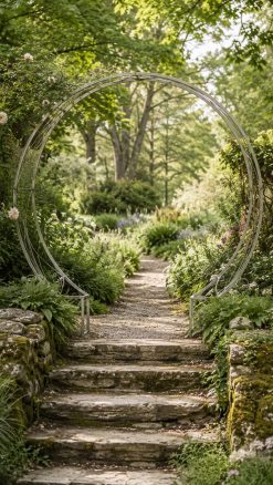 Ascalon Moon Gate in lush garden setting with climbing roses and stone steps – elegant circular garden arch