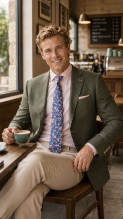 The Viago olive linen jacket by Gurteen styled for relaxed summer tailoring and smart-casual occasions