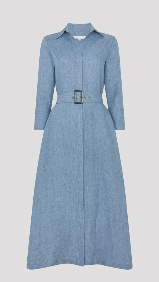 Really Wild Diane Linen Shirt Dress in blue with matching belt and shirt collar detail.