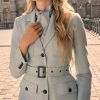 Model wearing the Really Wild Meryl safari jacket in sky blue herringbone.