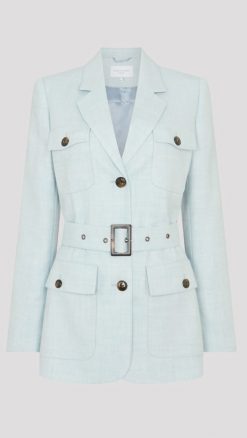 Really Wild Meryl safari jacket in sky blue herringbone with safari pocket detailing.