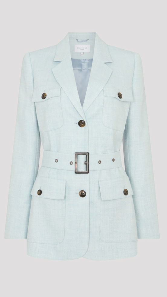 Really Wild Meryl safari jacket in sky blue herringbone with safari pocket detailing.