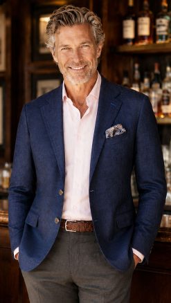 The Viago navy linen jacket by Gurteen styled for relaxed summer evenings and country house occasions