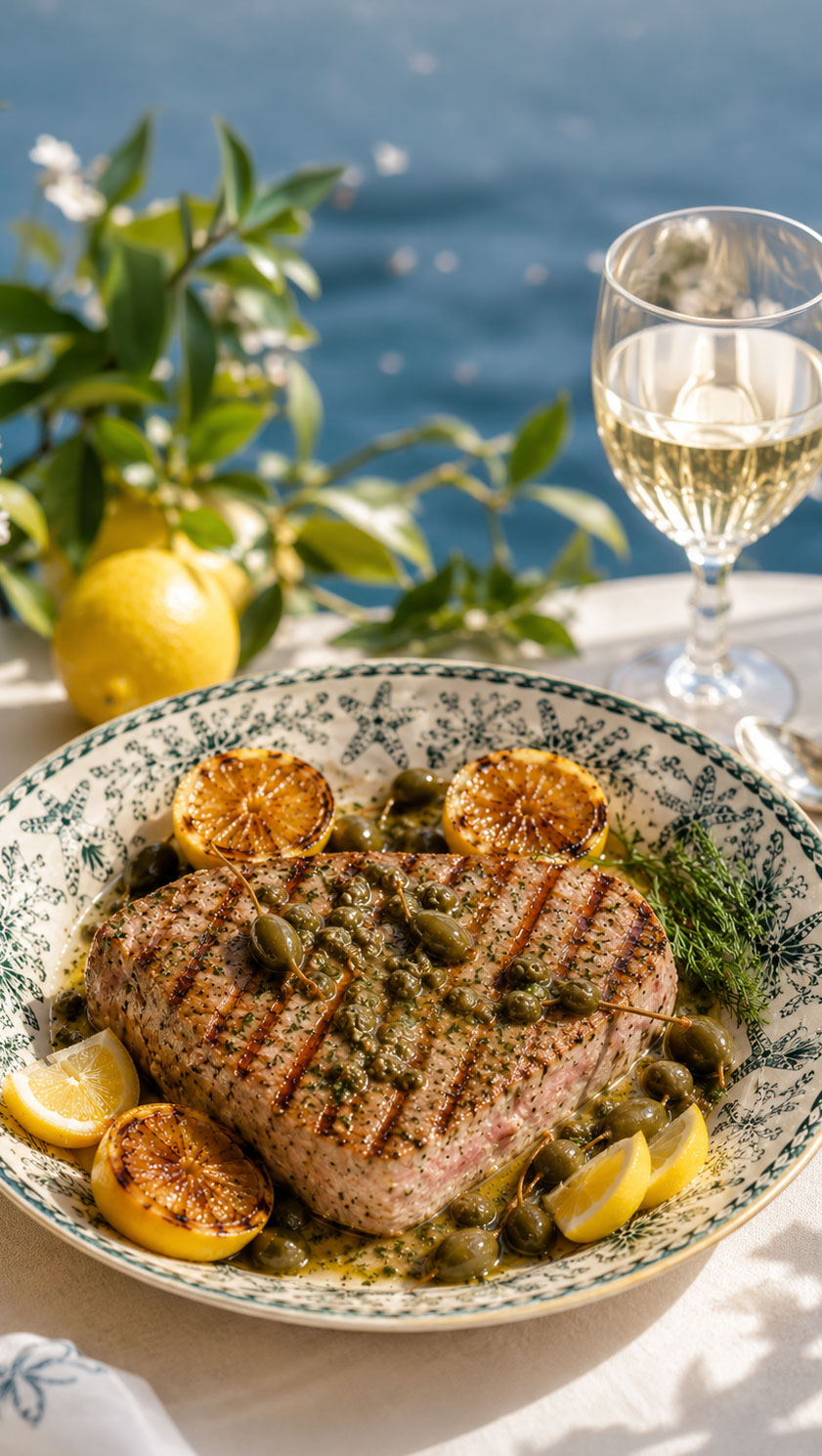Rod & Line Yellowfin Tuna Sashmi Grade pictured as a cooked steak for premium dining.
