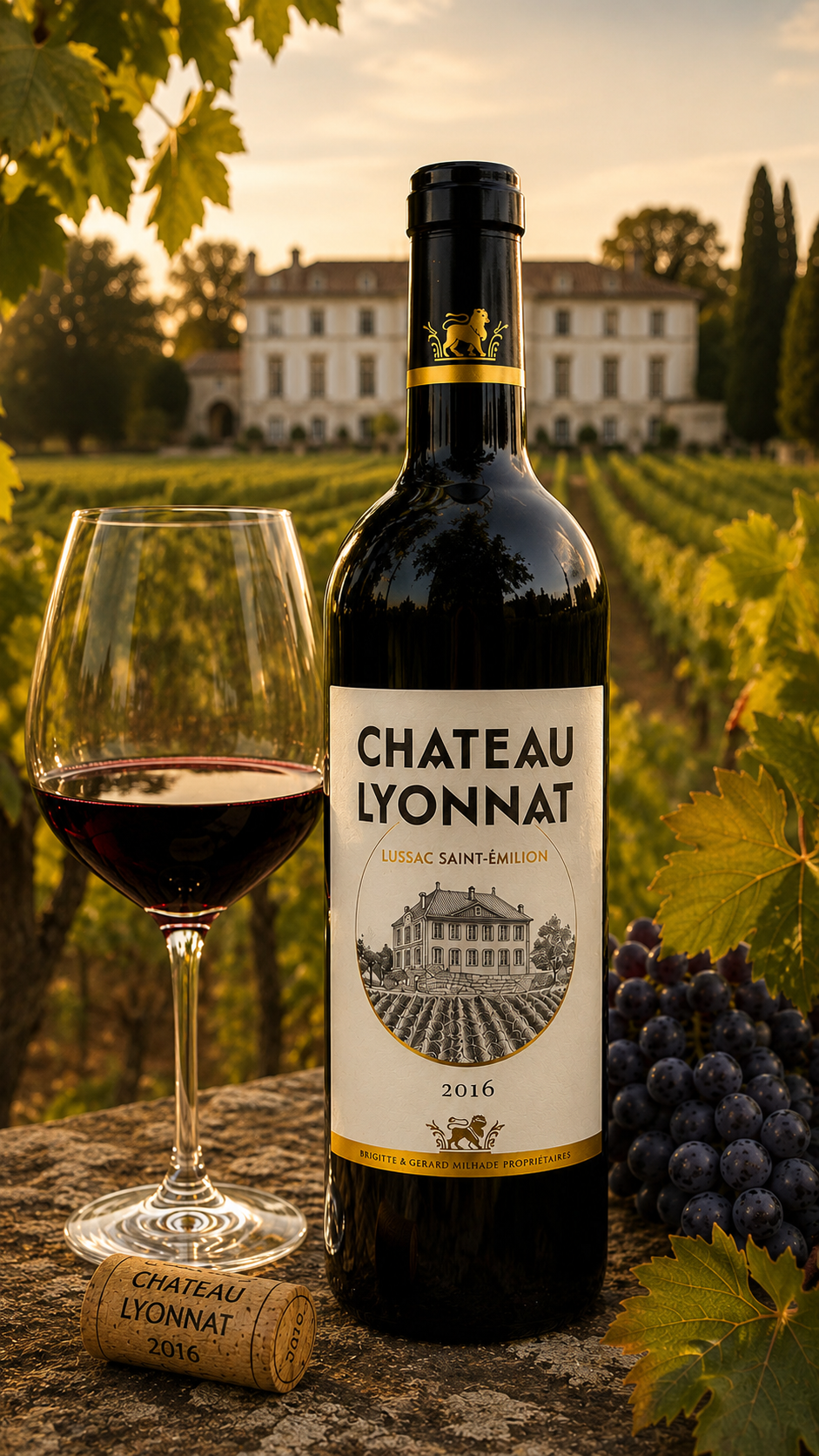 Chateau Lyonnat Lussac Saint-Emilion bottle in front of Chateau Lyonnat