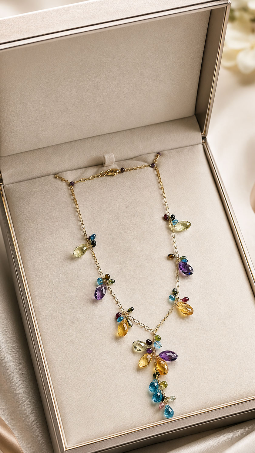 Florentina 14ct gold necklace with 62.51ct of faceted multicolour gemstones