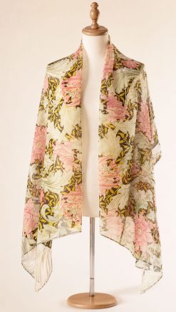 Fox & Chave Morris Single Stem Coral silk chiffon scarf showing the full Arts & Crafts floral design