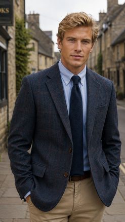 Gurteen Cobham pure wool jacket in Slate Blue and Burgundy Check at CountryClubuk
