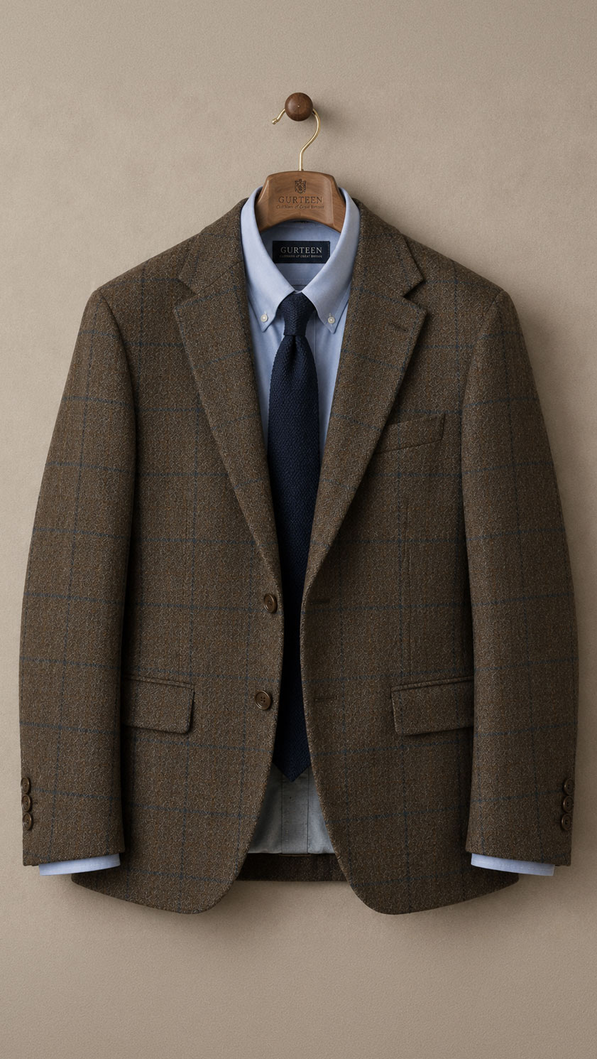 Gurteen Cobham Taupe Brown & Navy Check pure wool tailored jacket