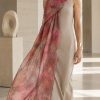 Fox & Chave Mucha Ruby pure silk chiffon scarf, inspired by the floral Art Nouveau work of Alphonse Mucha, styled with a pale fawn dress.