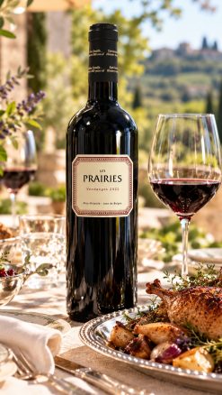 Bottle of Château de Pitray Les Prairies 2022 with a glass of red Bordeaux and roast game