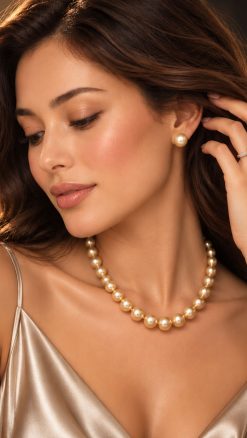 Celeste graduated golden South Sea pearl necklace with matching pearl stud earrings worn by a model