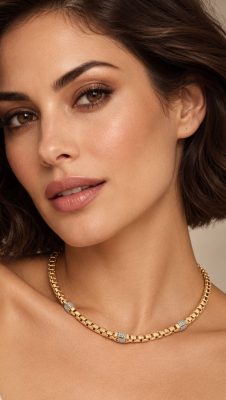 Italian-made gold-plated sterling silver necklace with three Swarovski crystal-set barrels, shown worn at the neckline